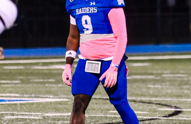 Rice Consolidated tight end and linebacker Glenn Mills on the field against Brazos.